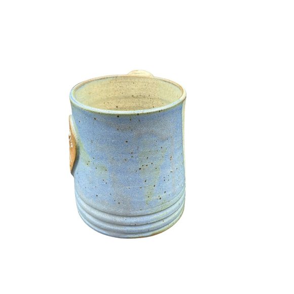 Honey Creek Art Pottery Mug Heavy Blue Cream Heart Man Runnng - Picture 2 of 8